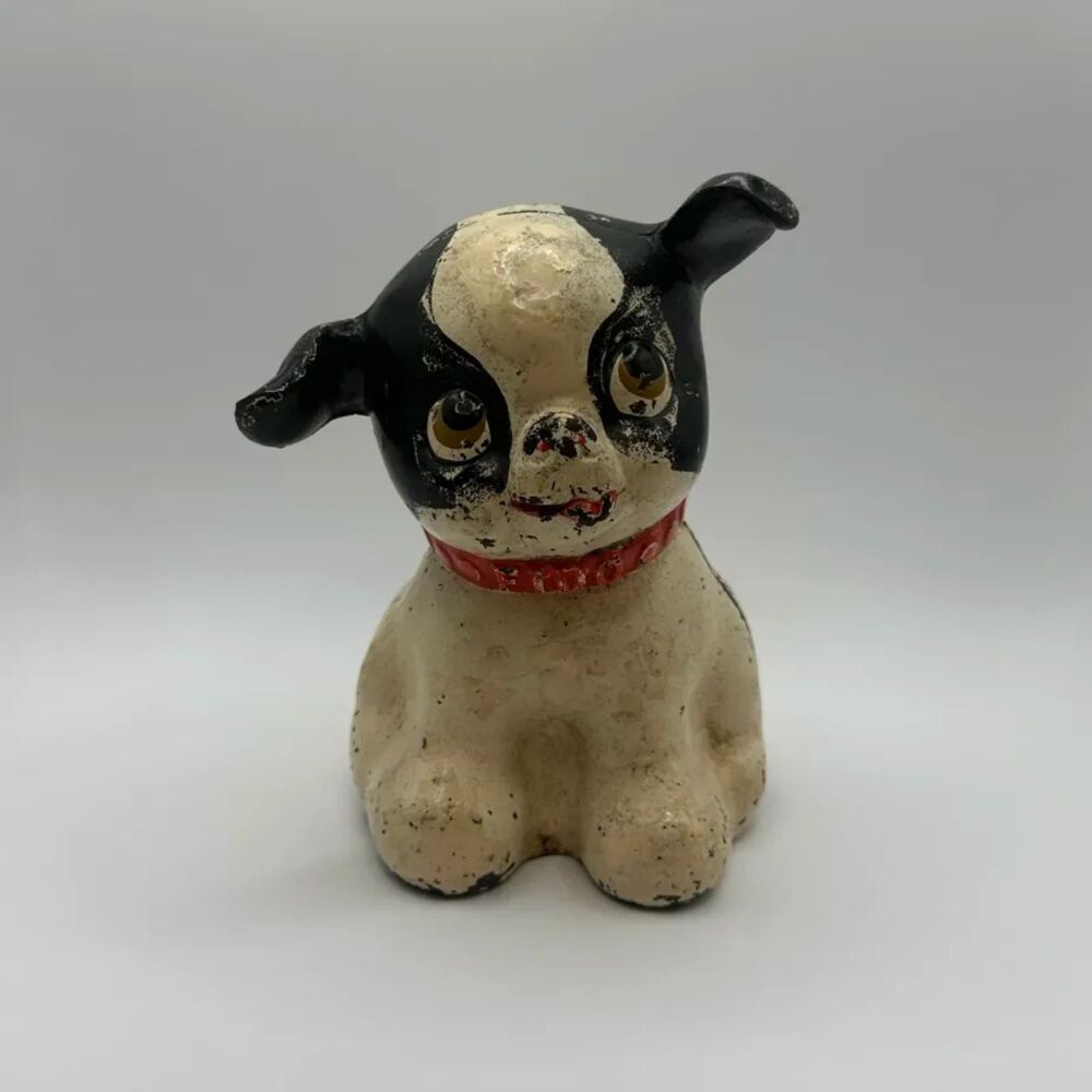Vintage 1920s Hubley Fido Cast Iron Still Coin Bank Boston Terrier Dog Antique